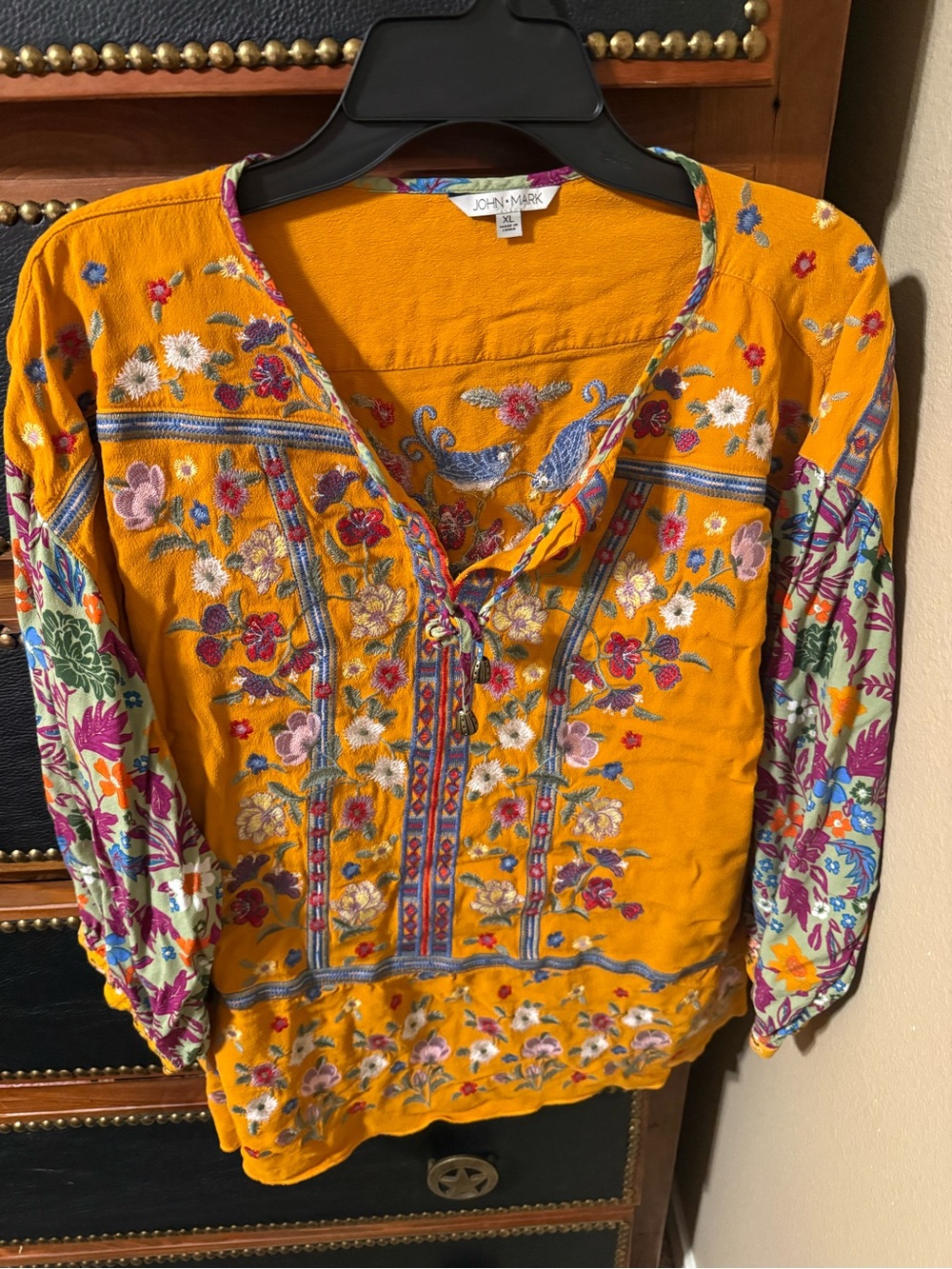 John Mark Mustard Embroidered Floral Peasant Tunic with Multicolor Sleeves